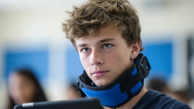 Young male student in neck brace focuses on tablet in classroom environment, showing resilience and adaptability - Powered by Adobe