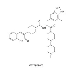Zavegepant chemical structure skeletal formula. Calcitonin gene-related peptide (CGRP) receptor antagonist drug used to treat Migraine treatment and prevention. Simple schematic illustration.