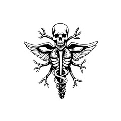 Eerie skeleton caduceus winged design illustration against a white background