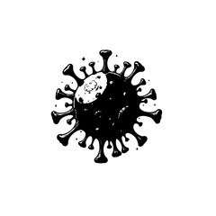 Black and white illustration of coronavirus cell with detailed spikes and texture
