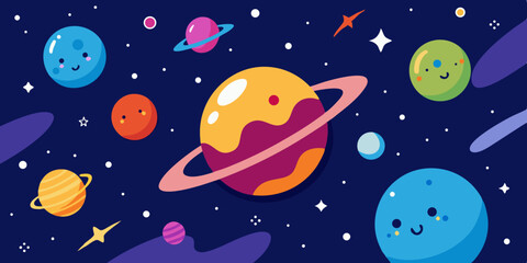 Whimsical Cartoon Universe Filled with Expressive Planets and Stars Vector Illustration