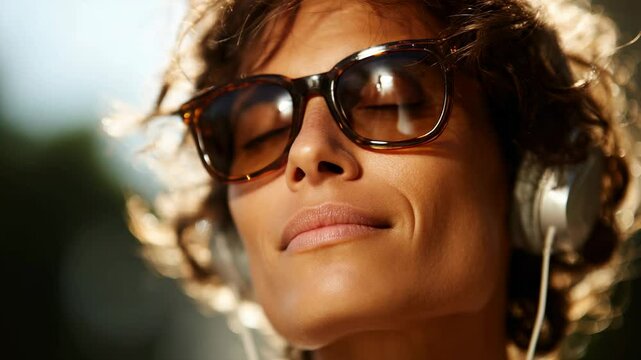 A woman listens to music with headphones, enjoying a sunny day outside. Her sunglasses reflect the bright light as she relaxes amidst an urban landscape