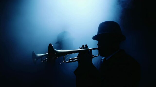 Jazz musicians perform on stage with trumpets in a smoky atmosphere at a nighttime event