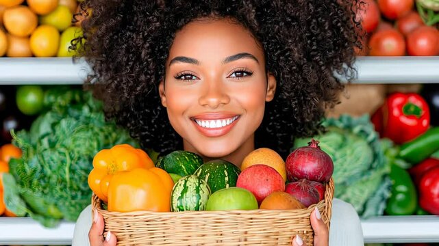 Smiling woman with curly hair holding basket of fresh fruits and vegetables