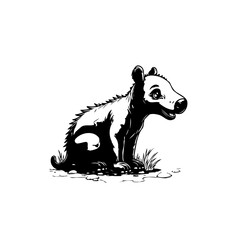 Black and white cartoon drawing of a skunk sitting in grass on a white background