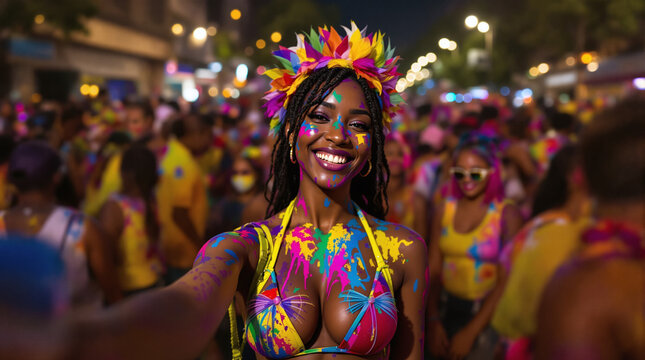 Smiling African American woman in bikini and colorful paints taking selfie in crowd of people at Holly Carnival of Colors