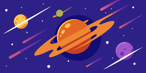 Naklejka premium Spectacular Stylized Meteor Shower Passing Through a Ringed Planet Vector Illustration Background