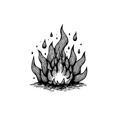 Detailed monochrome line art illustration of a stylized fire with dripping elements
