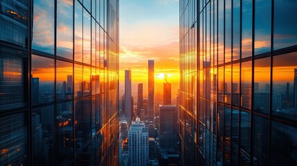 Cityscape at Sunset with Overlapping Glass Buildings for Modern Urban Architecture