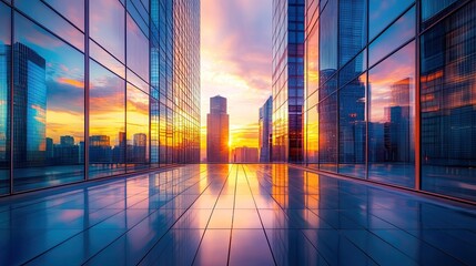 Cityscape at Sunset with Overlapping Glass Buildings for Modern Urban Architecture