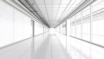 Fototapeta premium Expansive Futuristic White Tiled Hallway with Vanishing Point Perspective