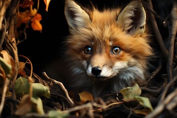 Obraz premium A close-up of a fox peeking from its den, with fluffy fur and expressive eyes, capturing the essence of wildlife's beauty and the charm of nature's intricacies.