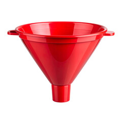 A bright red plastic funnel with a wide mouth and narrow spout, designed for easy pouring and transferring liquids or powders.