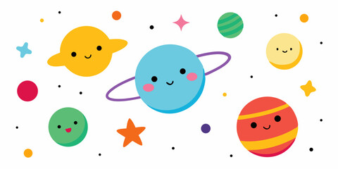 Playful Cartoon Universe with Happy Stars and Vibrant Planets Vector Illustration