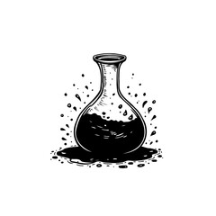 Stylized Flask with Liquid Spill: A Scientific Illustration in Black and White