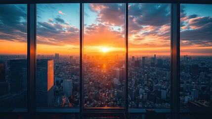 Cityscape sunset view from a skyscraper office.
