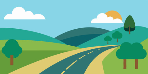 Obraz premium Scenic Countryside Road Winding Through Green Landscape Background Vector Illustration