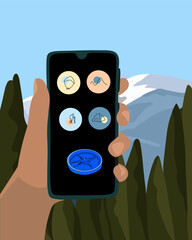 Vector isolated illustration of using a smartphone in the mountains. Orienteering in the mountains.