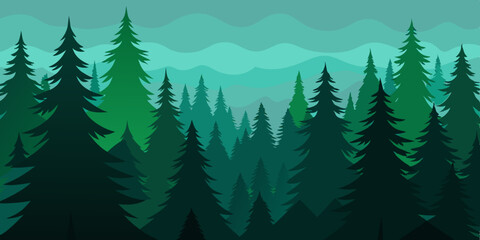 Obraz premium Lush Dense Pine Forest Landscape Background with Tall Trees Vector Illustration