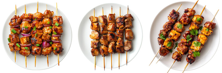 Set of Chicken and pork satay skewers neatly arranged on a white plate,isolated on a transparent background