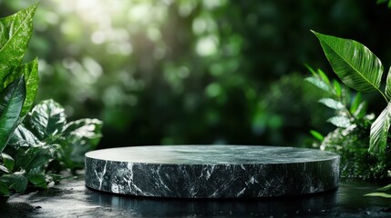 A beautifully designed stone pedestal stands calmly amidst vibrant foliage, inviting viewers to reflect on nature's exquisite beauty and tranquility in a serene environment.
