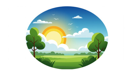 Obraz premium Serene Sunrise Landscape Graphic featuring green trees and a bright sun ideal for branding nature projects websites and logos