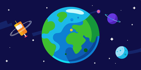 Realistic Earth Style Planet with Orbiting Satellites and Spacecraft Vector Illustration Background