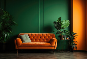 Obraz premium A stylish mid-century modern green couch set within a vibrant interior space adorned with plants, creating a lively and welcoming atmosphere perfect for relaxation.