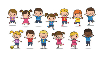 Happy diverse children jumping playing joyfully a cheerful scalable graphic perfect for kids branding projects websites and educational materials