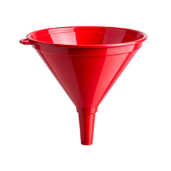 A bright red plastic funnel with a wide top and narrow spout, designed for easy pouring and transferring of liquids or powders.
