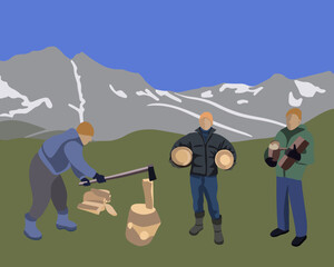Vector isolated illustration of harvesting firewood on a mountain landscape background.