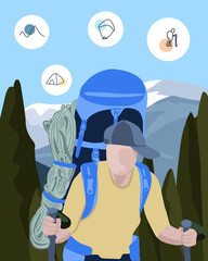 Vector isolated illustration of a hiker with a backpack in the mountains. Camping in the mountains.
