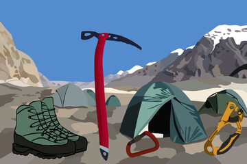 Vector isolated illustration of tourist equipment on a mountain landscape background.