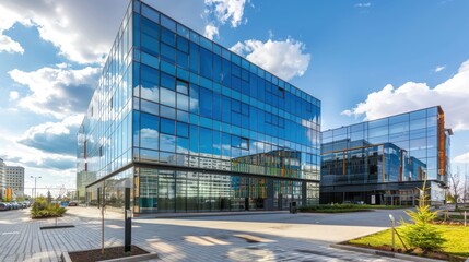 Modern glass office building complex, sunny day