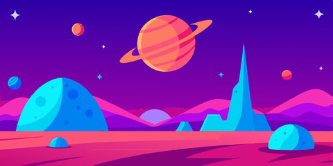 Naklejka premium Futuristic Alien Terrain Under Vivid Sky Filled with Colorful Clouds Vector Illustration Background