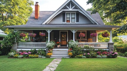 Classic Bungalow with Wraparound Porch and Hanging Flower Baskets â€“ Picturesque Residential Exterior