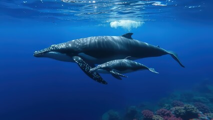 Fototapeta premium serene underwater scene featuring a mother humpback whale and her calf swimming gracefully through the deep blue ocean