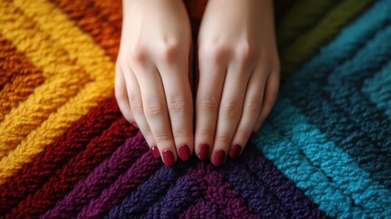 A close-up of manicured hands resting on a vibrant, textured fabric, showcasing a deep red polish that adds a touch of elegance to the colorful background.