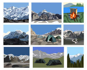 Vector isolated illustration set of mountain landscapes.