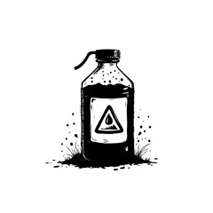 Monochrome illustration of a hazardous liquid bottle with warning label design