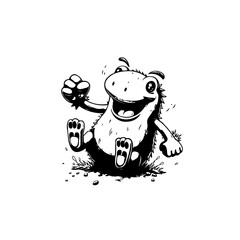 Cheerful Cartoon Creature with Playful Gesture and Black and White Design