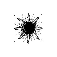 Monochrome Sun Illustration with Ray-Like Petals on a White Background, Celestial Motif