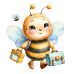 Cute watercolor clipart of bees going back to school, featuring adorable elements like books, pencils, backpacks, and chalkboards. Perfect for children’s projects, nursery decorations, or school-theme