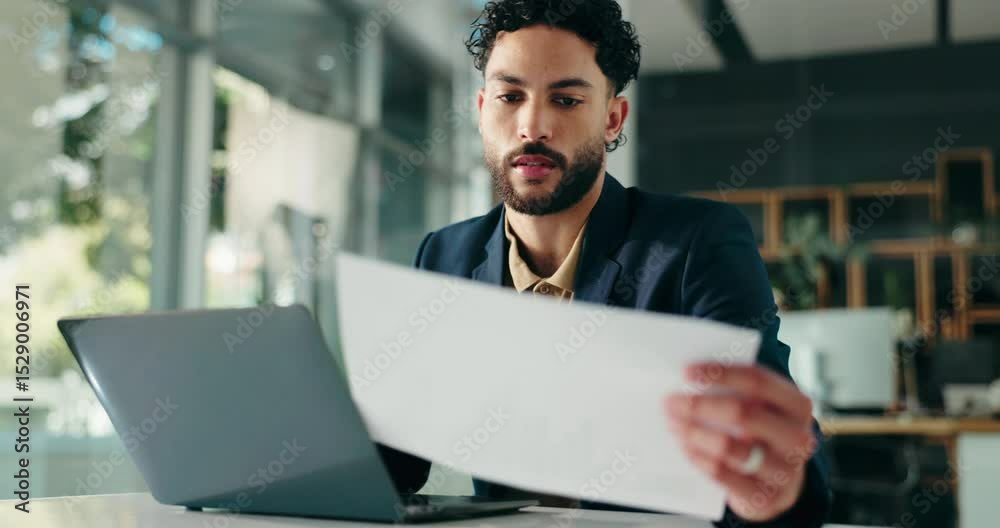 Poster office, planning and man with laptop, data analysis and financial performance of company and typing.