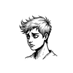 Black and white illustration of a sad and thoughtful young person