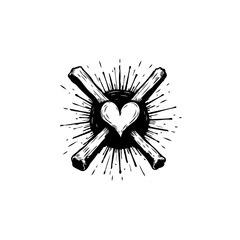 Vintage style illustration of heart symbol with bones and sunburst effect on white
