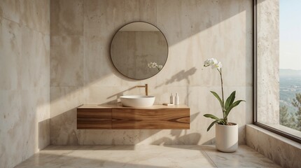 Luxury modern bathroom with floating wooden vanity, round mirror and natural stone walls