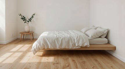 Minimalist bedroom with platform bed, natural wood flooring and soft morning sunlight