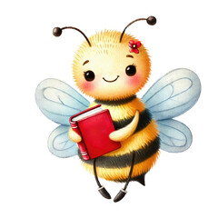 Cute watercolor clipart of bees going back to school, featuring adorable elements like books, pencils, backpacks, and chalkboards. Perfect for children’s projects, nursery decorations, or school-theme