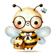 Cute watercolor clipart of bees going back to school, featuring adorable elements like books, pencils, backpacks, and chalkboards. Perfect for children’s projects, nursery decorations, or school-theme